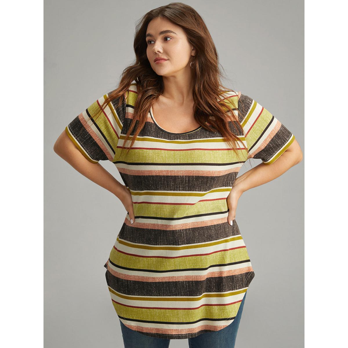 Plus Size Halloween Striped Contrast Curved Hem T-shirt Multicolor Women Casual Contrast Striped Round Neck Festival-Halloween T-shirts BloomChic 18-20/2X Product Image