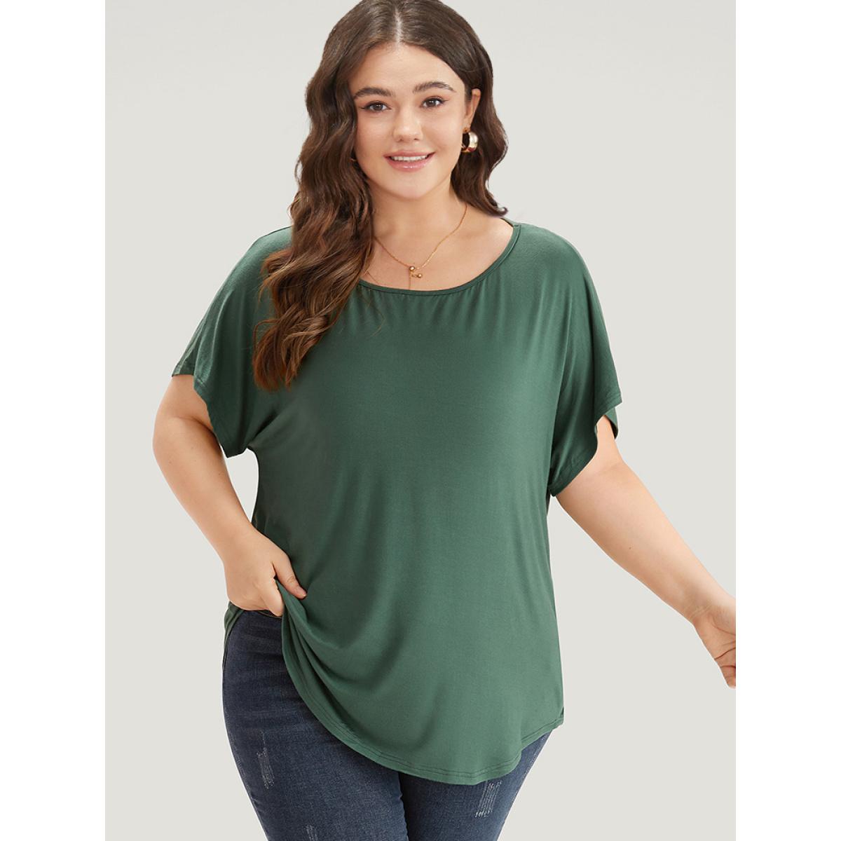 Plus Size Supersoft Essentials Plain Batwing Sleeve Cut Out T-shirt Emerald Women Elegant Plain Plain Round Neck Dailywear T-shirts BloomChic 26/4X Product Image