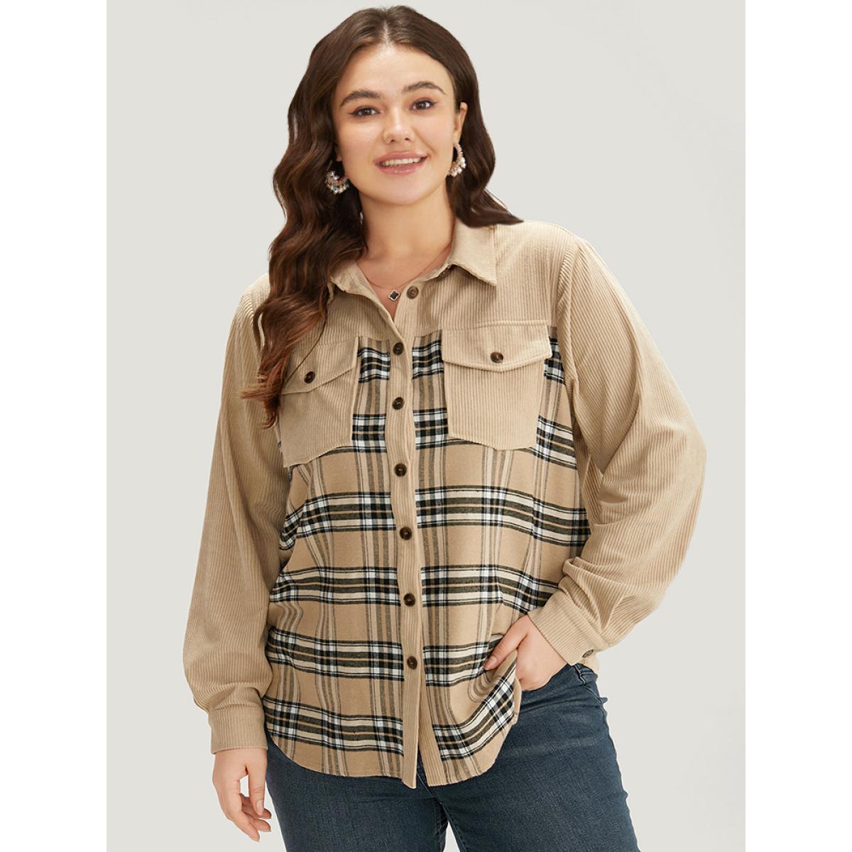 Plus Size Plaid Pocket Button Through Patchwork Shirt Collar Coat Women Tan Texture Pocket Dailywear Jackets BloomChic 12/L Product Image