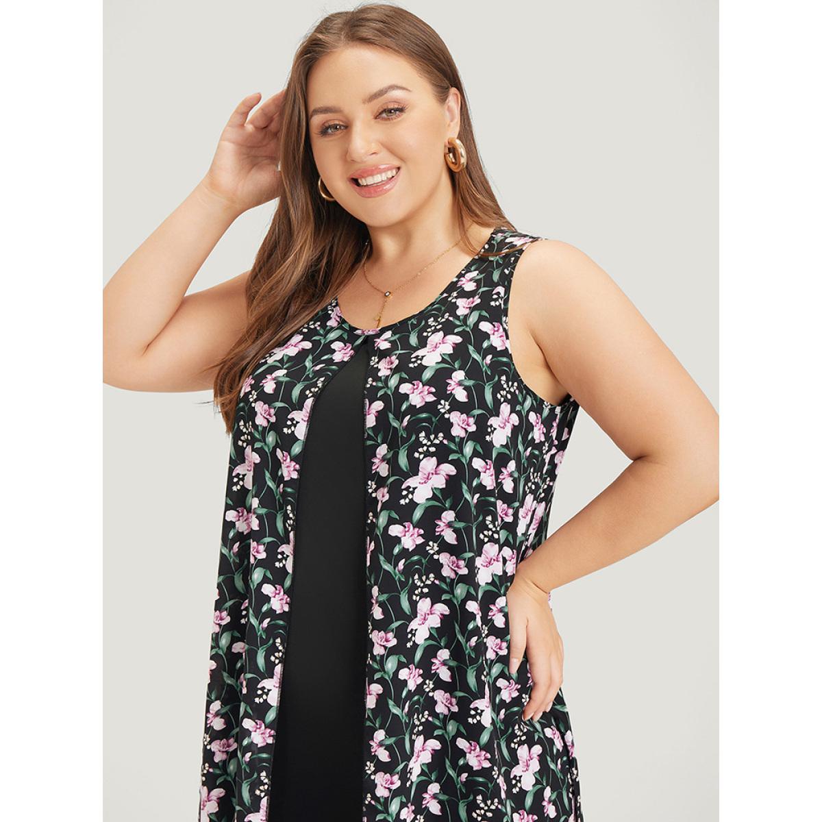Plus Size Floral Patchwork Round Neck Split Hem Tank Dress BlackFlower Women Elegant Patchwork Round Neck Sleeveless Curvy Knee Dress BloomChic 14-16/1X Product Image