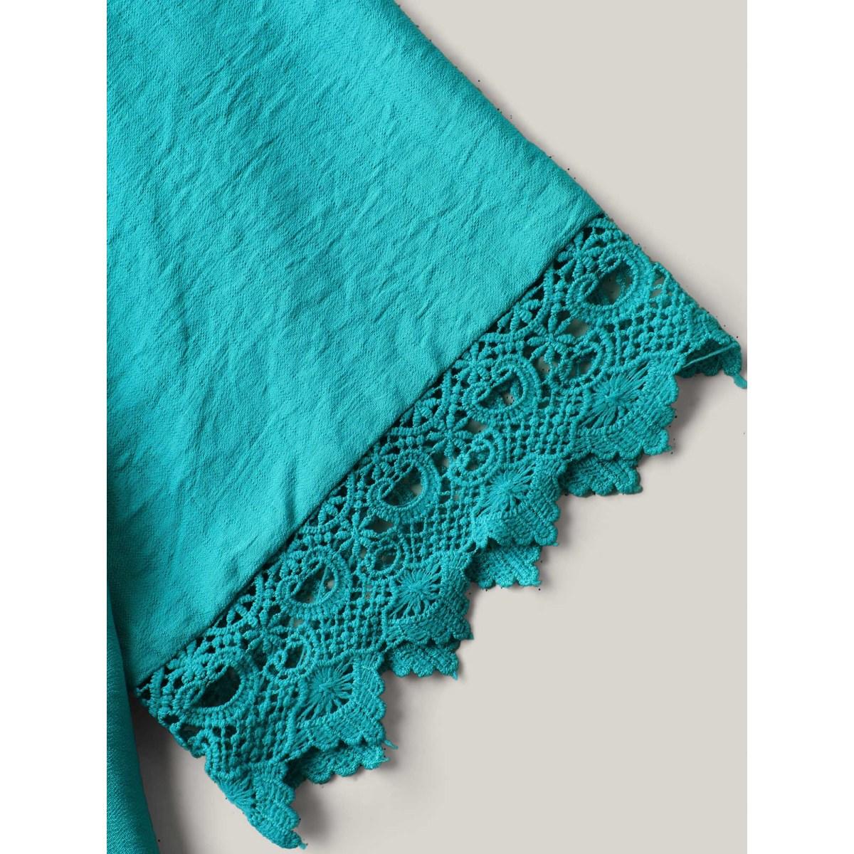 Plus Size Pleated Lace Trim Relaxed Midi Dress Arctic Women Notched collar Short sleeve Curvy BloomChic 14-16/1X Product Image