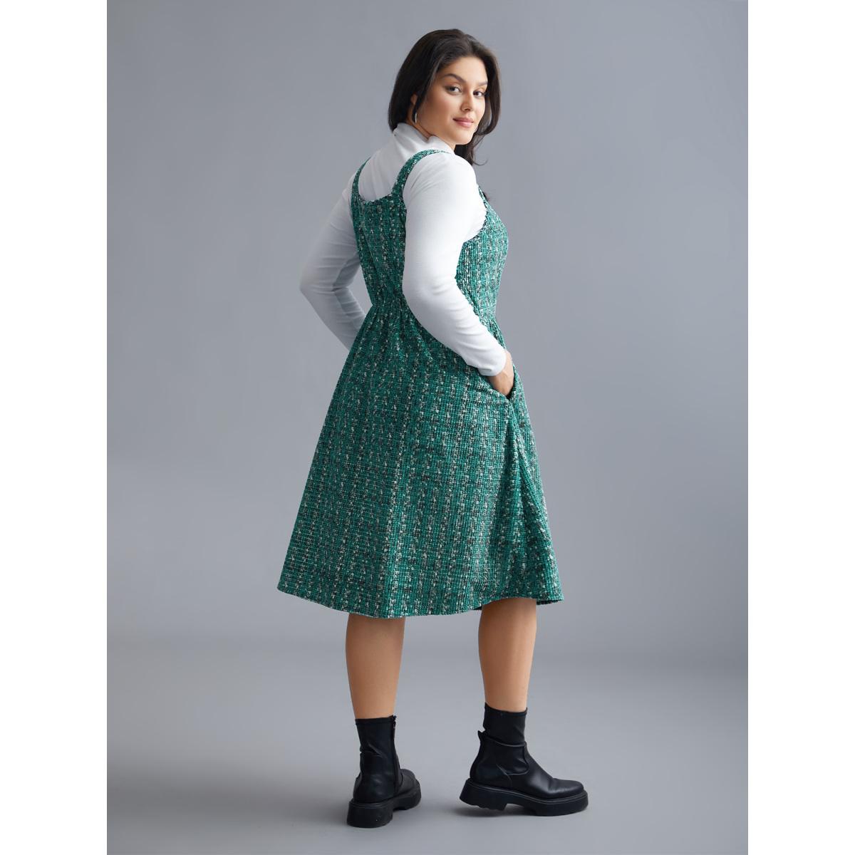 Plus Size Plaid Pinafore Elastic Waist Midi Dress Teal Women Elegant Texture Square Neck Sleeveless Curvy BloomChic 30/6X Product Image