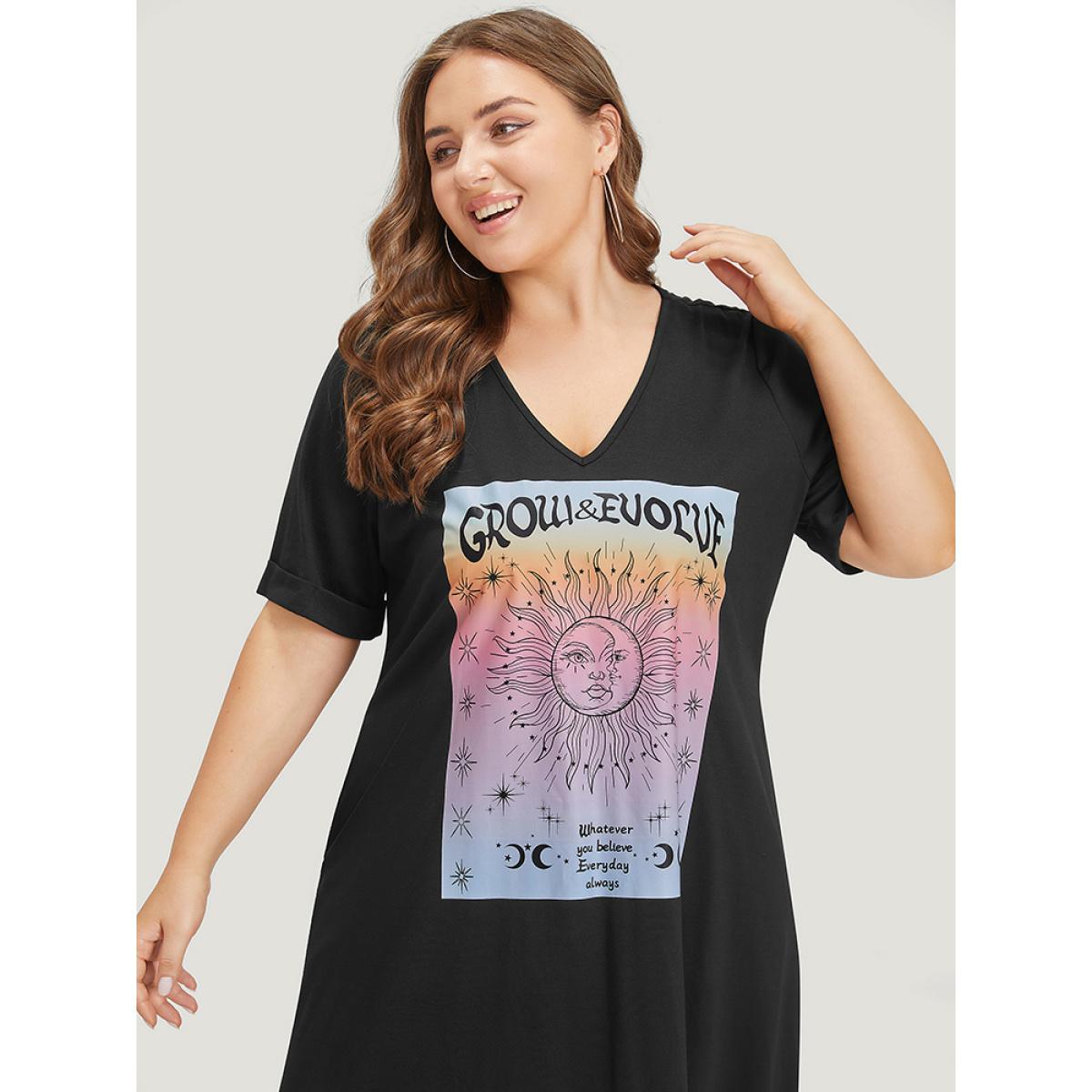 Plus Size Supersoft Essentials Horoscope Print Pocket Roll Sleeve Dress Black Women Casual Plain V-neck Short sleeve Curvy Midi Dress BloomChic 18-20/2X Product Image