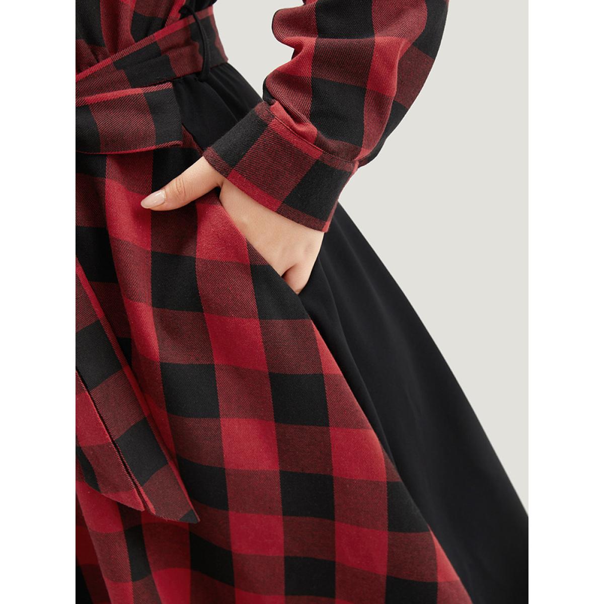 Plus Size Plaid Patchwork Belted Hanky Hem Dress Black Women Casual Belted V-neck Long Sleeve Curvy Midi Dress BloomChic 12/L Product Image