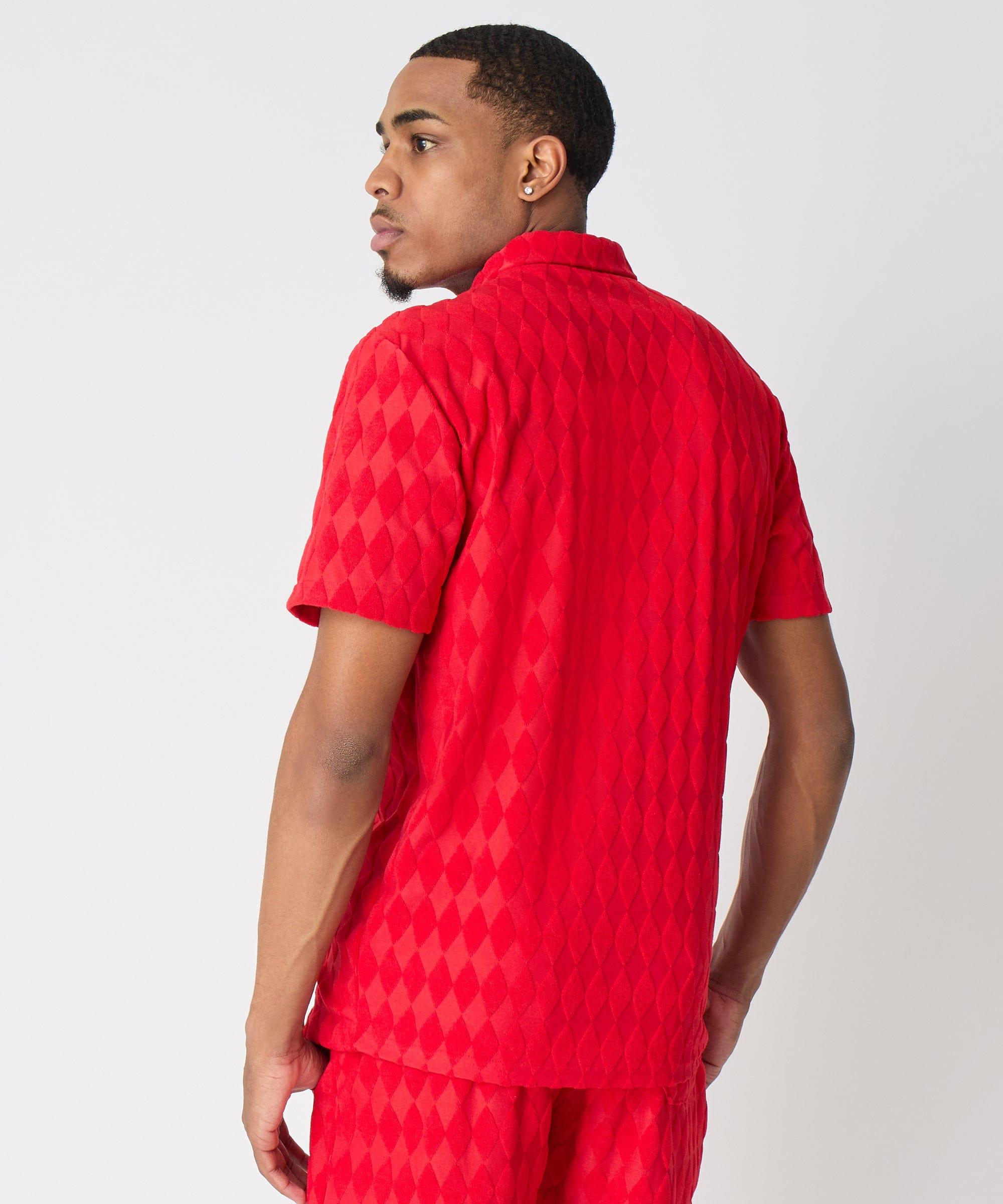 Diamond Plate Towel Color Blocked Short Sleeve Button Down Shirt - Red Product Image