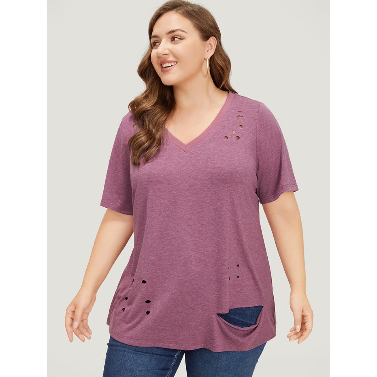 Plus Size Plain Contrast Trim Ripped Detail Vintage T-shirt Mauve Women Casual Heather Plain V-neck Dailywear T-shirts BloomChic 26/4X Product Image