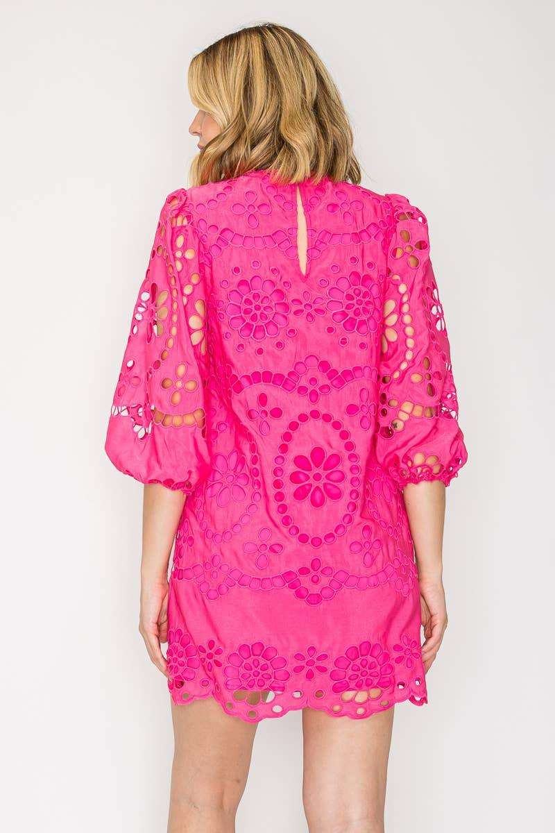 Dragonfruit Pink Daisy Eyelet Mini Dress Product Image