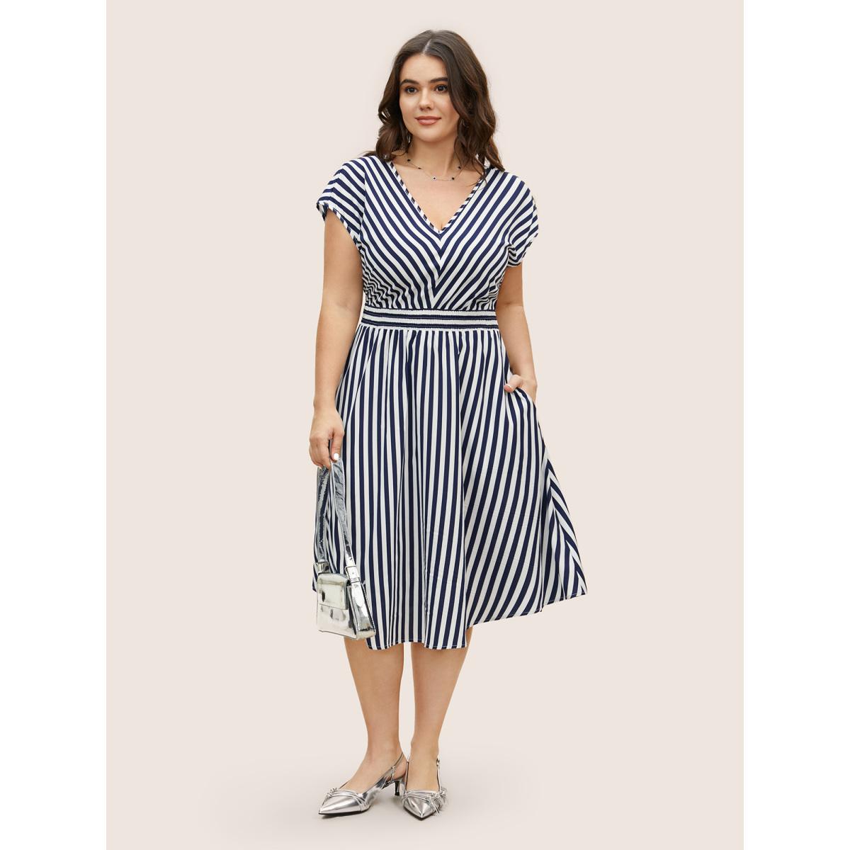 Plus Size Striped Shirred Dolman Sleeve Dress Navy Women At the Office V-neck Cap Sleeve Curvy BloomChic 22-24/3X Product Image