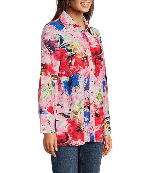 Calessa Antique Floral Print Textured Crinkle Point Collar Long Sleeve Button Front Tunic Product Image