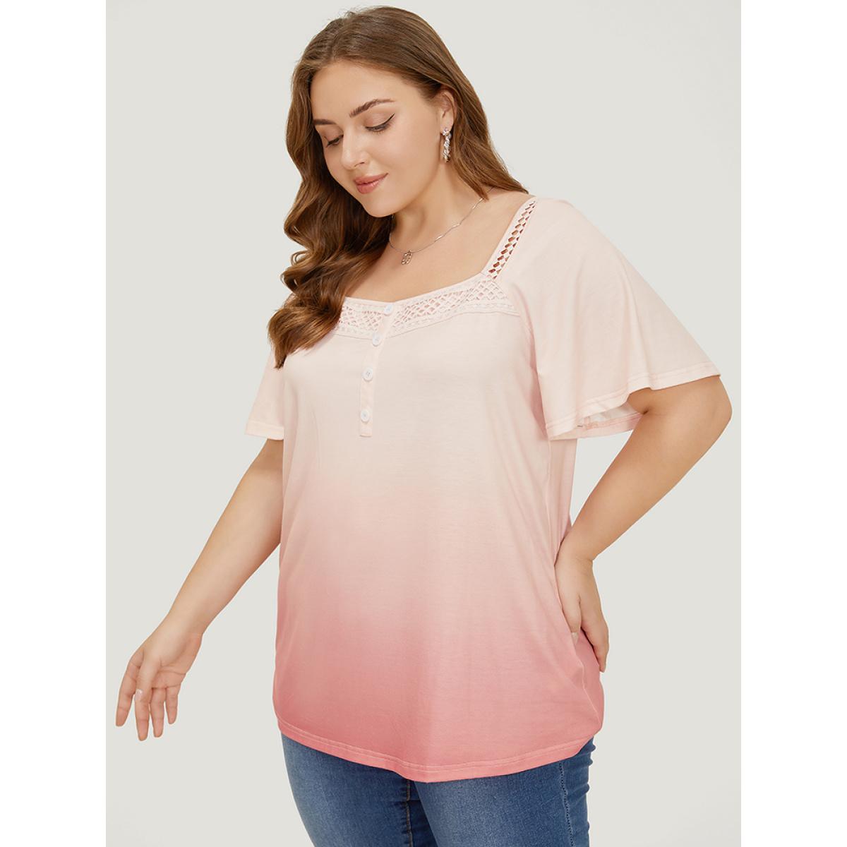 Plus Size Ombre Print Ruffle Sleeve Contrast Lace T-shirt OrangeRed Women Elegant Lace Ombre Square Neck Dailywear T-shirts BloomChic 28/5X Product Image