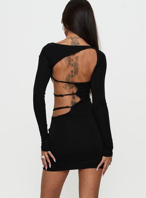 Rowin Long Sleeve Cut Out Mini Dress Black Product Image