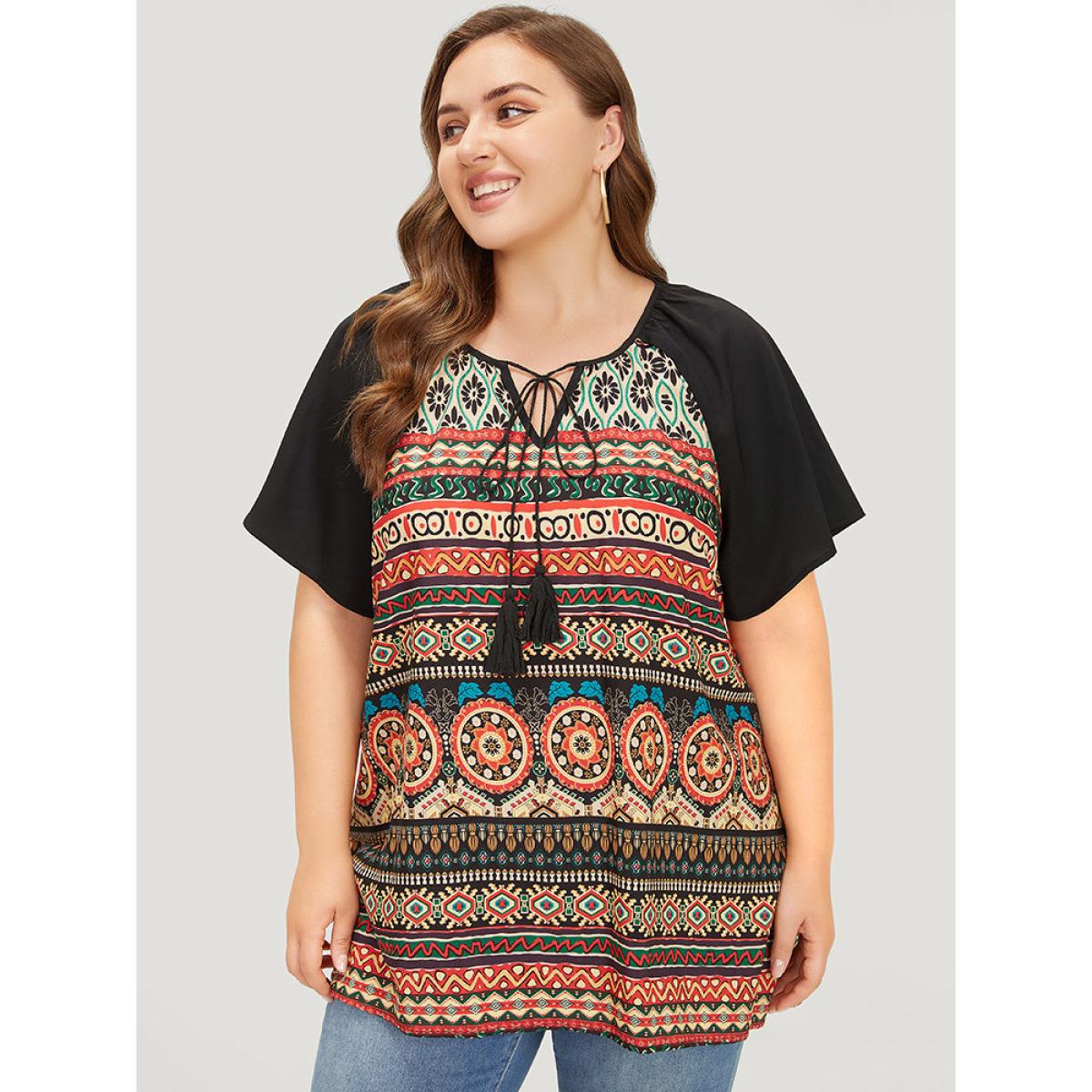 Plus Size Multicolor Moroccan Print Raglan Sleeve Tassels Tie Neck Blouse Women Vacation Short sleeve Tie Neck Dailywear Blouses BloomChic 22-24/3X Product Image