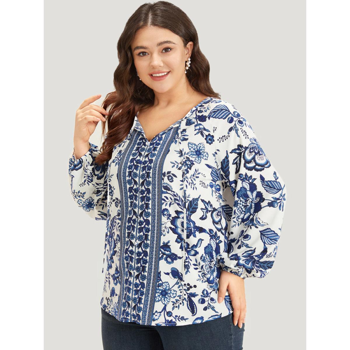 Plus Size Navy Boho Print Knot Neck Lantern Sleeve Blouse Women Vacation Long Sleeve Tie Neck Dailywear Blouses BloomChic 22-24/3X Product Image