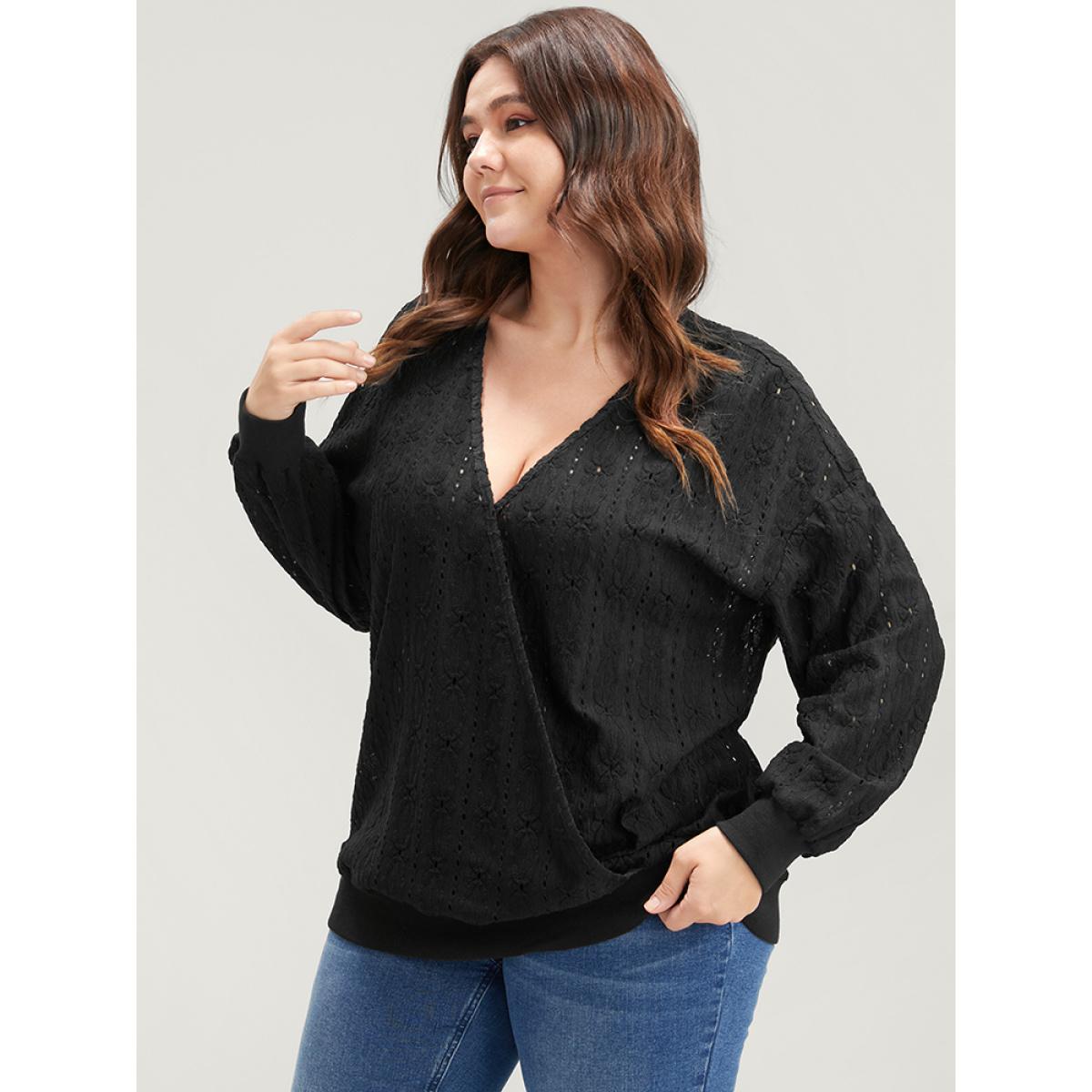 Plus Size Solid Wrap Eyelet Lace Sweatshirt Women Black Elegant Wrap V-neck Dailywear Sweatshirts BloomChic 22-24/3X Product Image