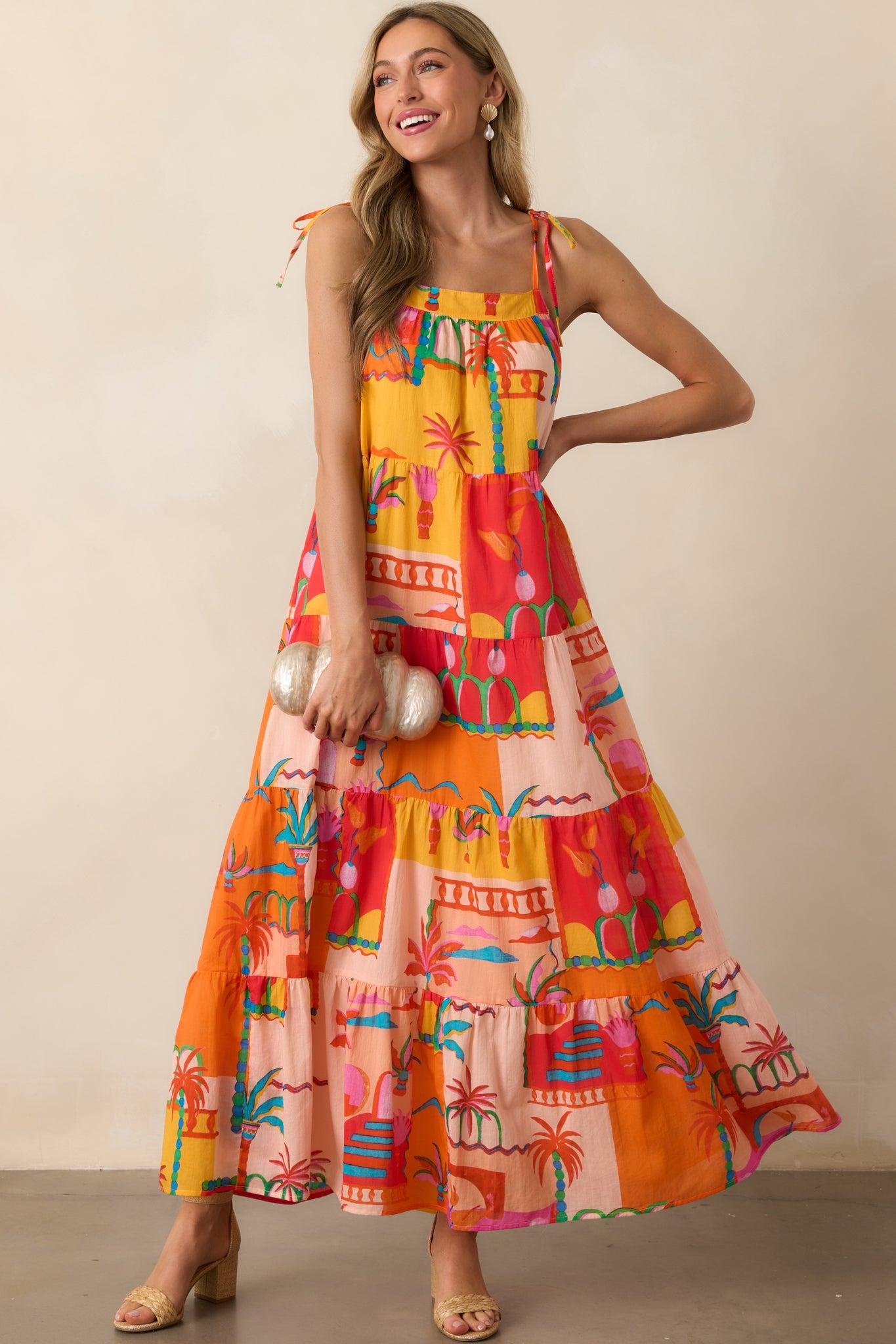 Seaside Soiree Orange Tropical Print Cotton Maxi Dress Product Image