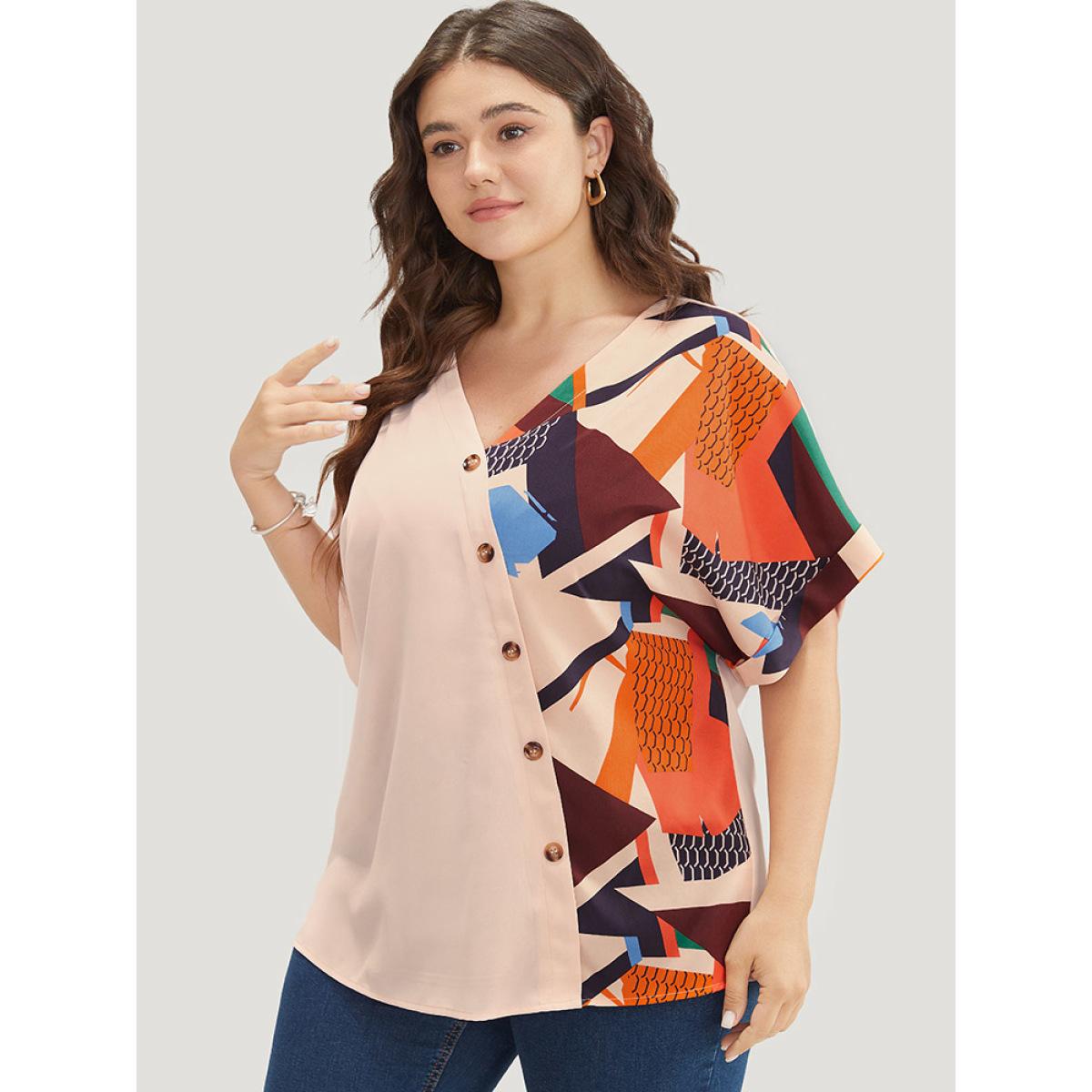 Plus Size Multicolor Geometric Contrast Batwing Sleeve Button Detail Wrap Blouse Women Office Short sleeve V-neck Work Blouses BloomChic 10/M Product Image