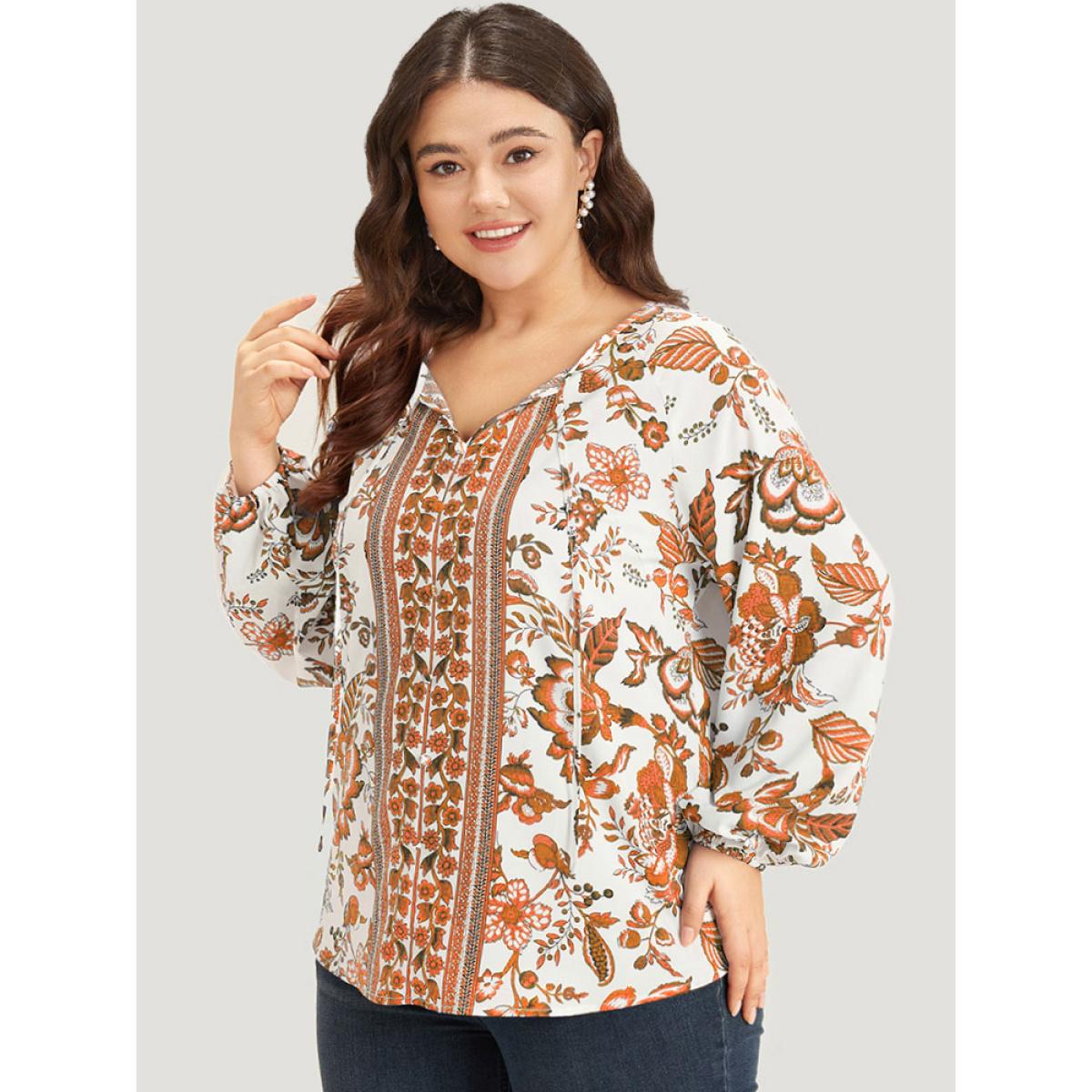 Plus Size Chocolate Boho Print Knot Neck Lantern Sleeve Blouse Women Vacation Long Sleeve Tie Neck Dailywear Blouses BloomChic 18-20/2X Product Image