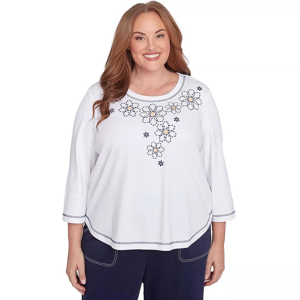 Plus Size Alfred Dunner Floral Embroidered Neckline Three-Quarter Sleeve Top, Women's, Size: 3XL, White Product Image