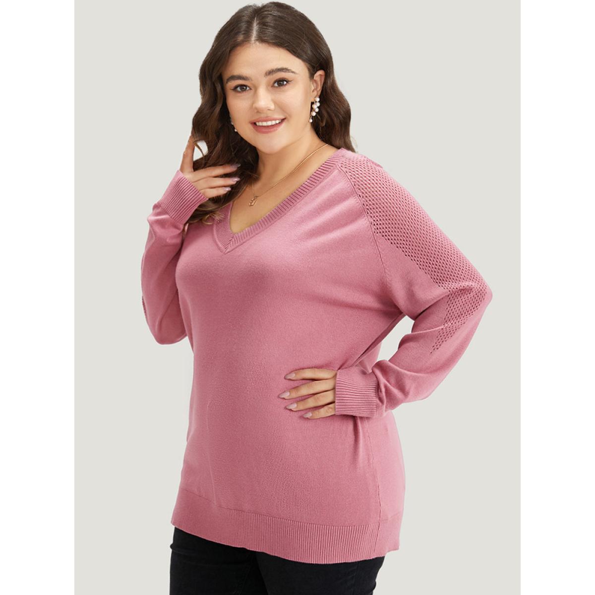 Plus Size Supersoft Essentials Solid Cut Out Patchwork Pullover DustyPink Women Casual Loose Long Sleeve V-neck Dailywear Pullovers BloomChic 26/4X Product Image