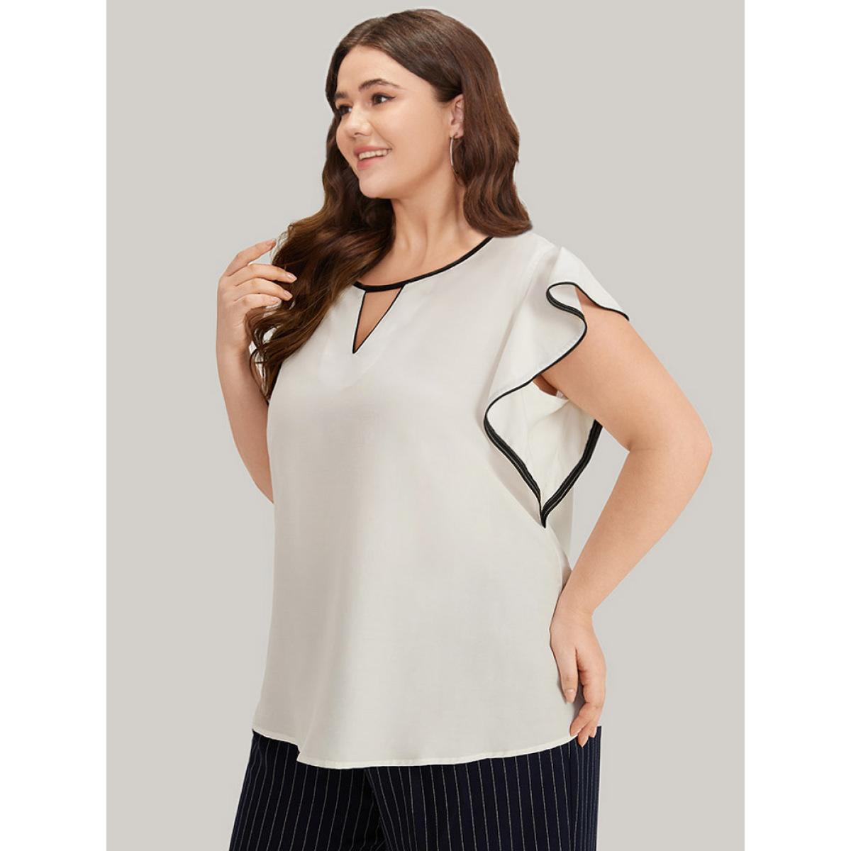 Plus Size Ivory Contrast Keyhole Ruffle Trim Cap Sleeve Blouse Women Office Cap Sleeve Keyhole Cut-Out Office Blouses BloomChic 12/L Product Image