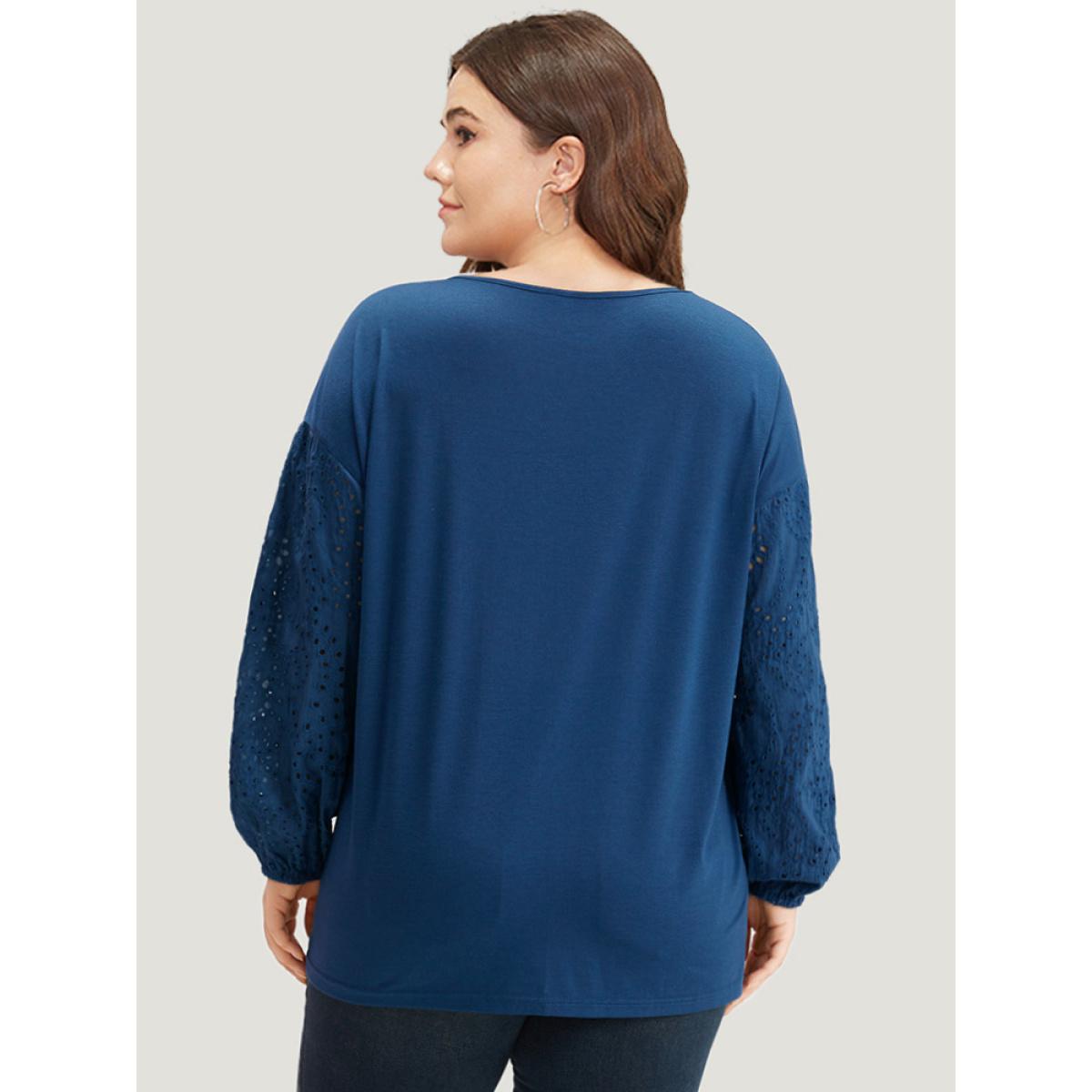 Plus Size V Neck Broderie Anglaise Patchwork Lantern Sleeve T-shirt Aegean Women Elegant Elastic cuffs Plain V-neck Dailywear T-shirts BloomChic 10/M Product Image