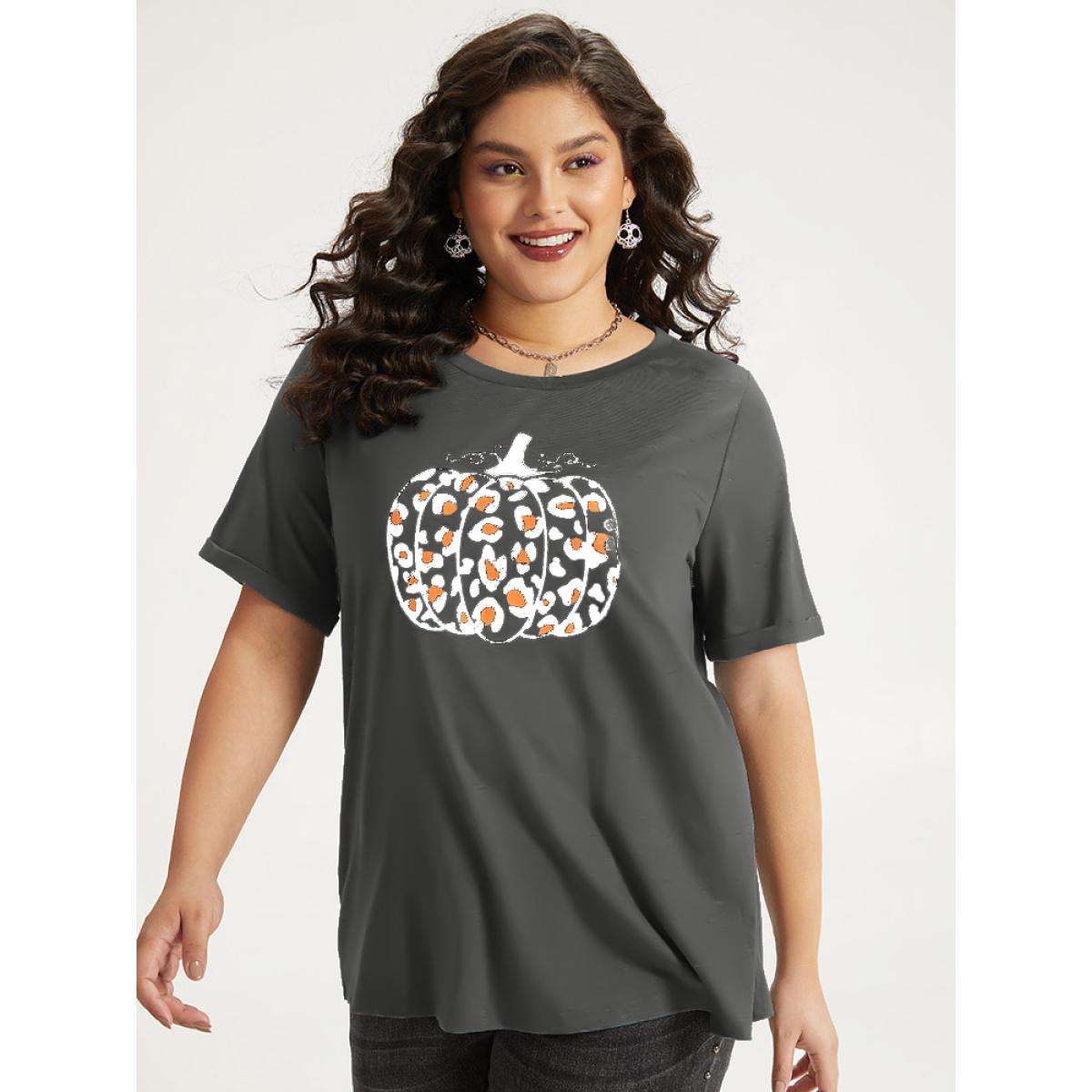 Plus Size Halloween Pumpkin Print Crew Neck T-shirt DimGray Women Casual Printed Halloween Dailywear T-shirts BloomChic 28/5X Product Image