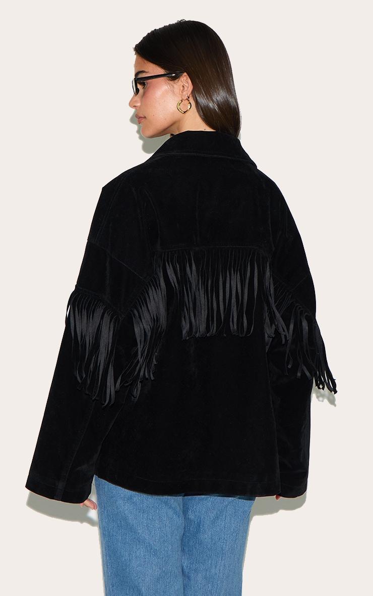 Black Faux Suede Heavy Fringed Jacket Product Image