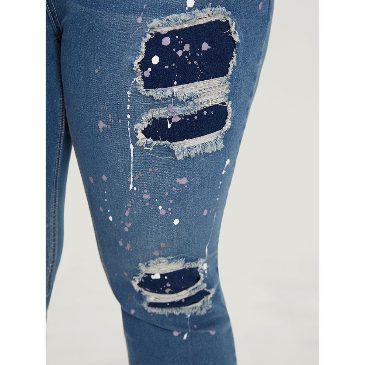Plus Size Very Stretchy High Rise Medium Wash Paint Patched Jeans Women Blue Casual Plain Printed High stretch Pocket Jeans BloomChic 22/3X Product Image