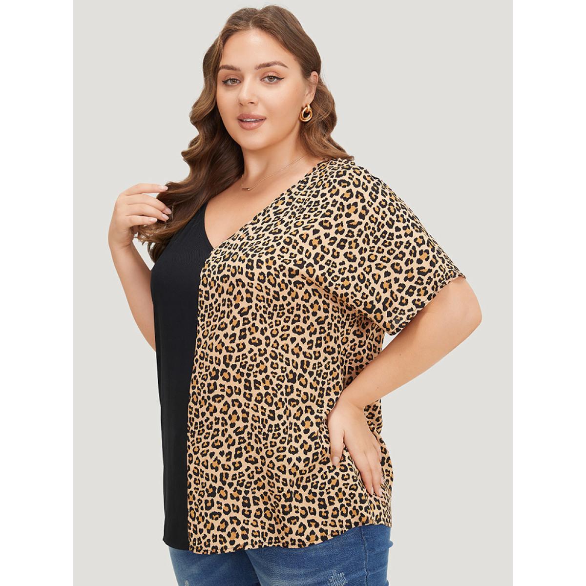 Plus Size Black Leopard Patchwork Dolman Sleeve Blouse Women Elegant Short sleeve V-neck Dailywear Blouses BloomChic 22-24/3X Product Image