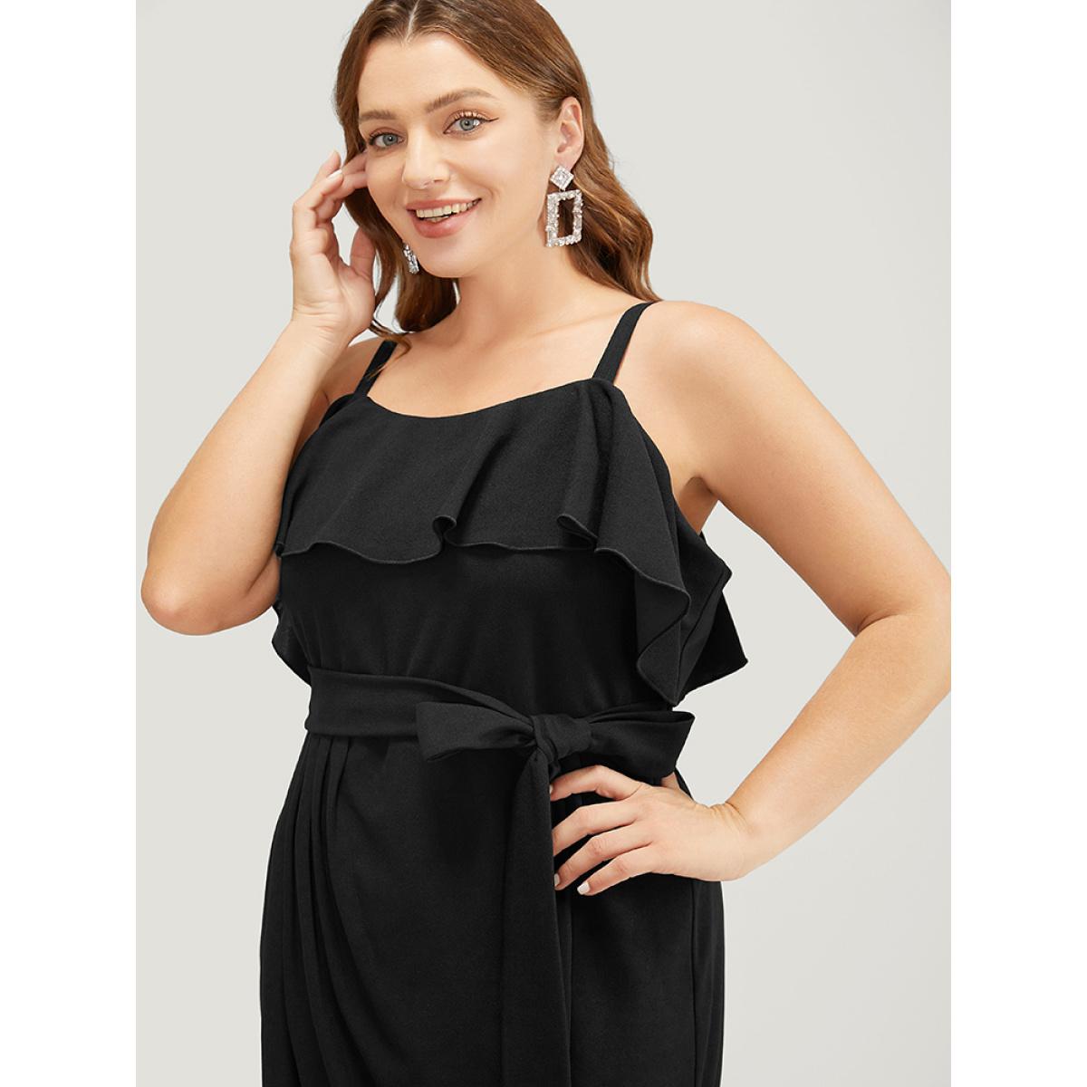 Plus Size Solid Ruffle Trim Belt Pleated Detail Bodycon Cami Dress Black Women Glamour Adjustable Straps Spaghetti Strap Sleeveless Curvy Midi Dress BloomChic 18-20/2X Product Image