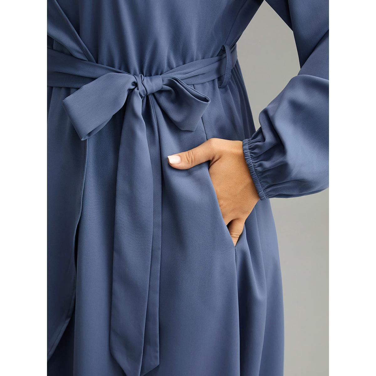 Plus Size Anti-Wrinkle Wrap Layered Belted Dress Stone Women Elegant Plain V-neck Long Sleeve Curvy Midi Dress BloomChic 10/M Product Image