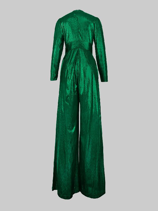 High Waisted Three-Quarter Sleeves Shiny Solid Color Deep V-Neck Jumpsuits Bottoms Product Image