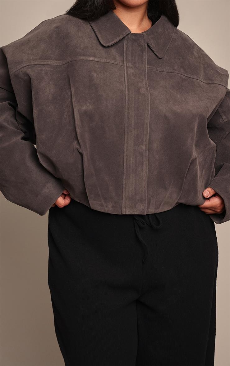 Plus Grey Faux Suede Covered Placket Bomber Jacket Product Image