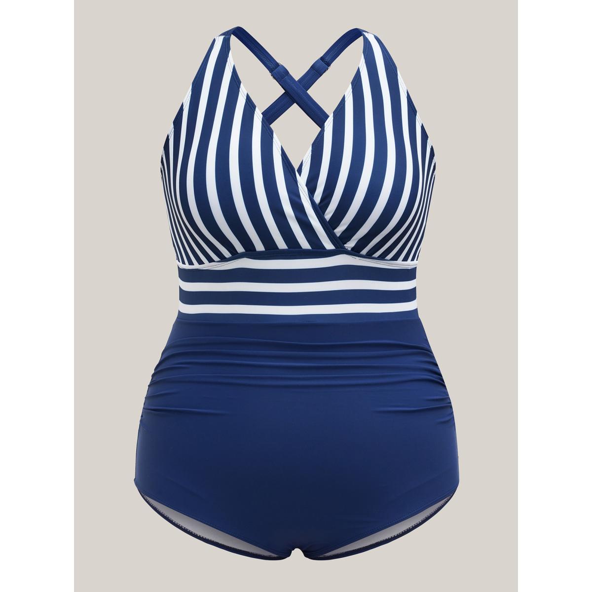 Plus Size Stripes and Solid Surplice One-Piece Swimsuit Women's Swimwear Indigo Beach Gathered Curve Bathing Suits High stretch One Pieces BloomChic 22-24/3X Product Image