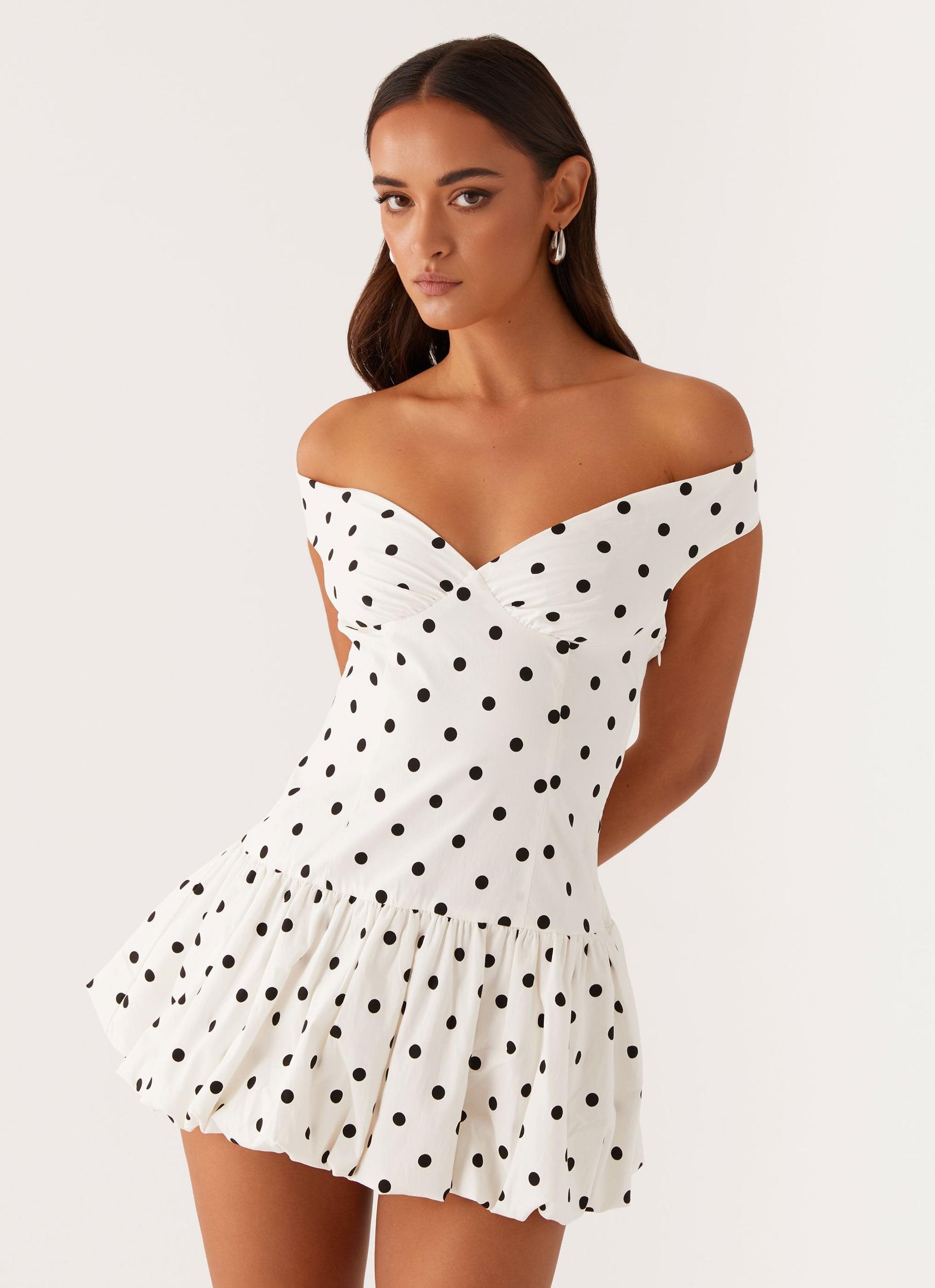 Endless Romance Off Shoulder Mini Dress - White Polka Dot Product Image