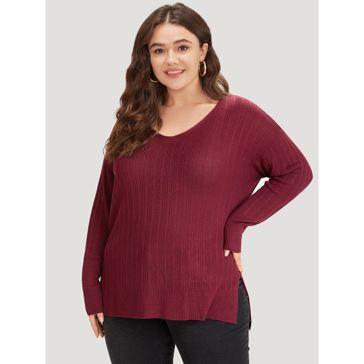 Plus Size Supersoft Essentials Plain Rib Knit Split Side Pullover Burgundy Women Casual Bodycon Long Sleeve Round Neck Dailywear Pullovers BloomChic 18-20/2X Product Image