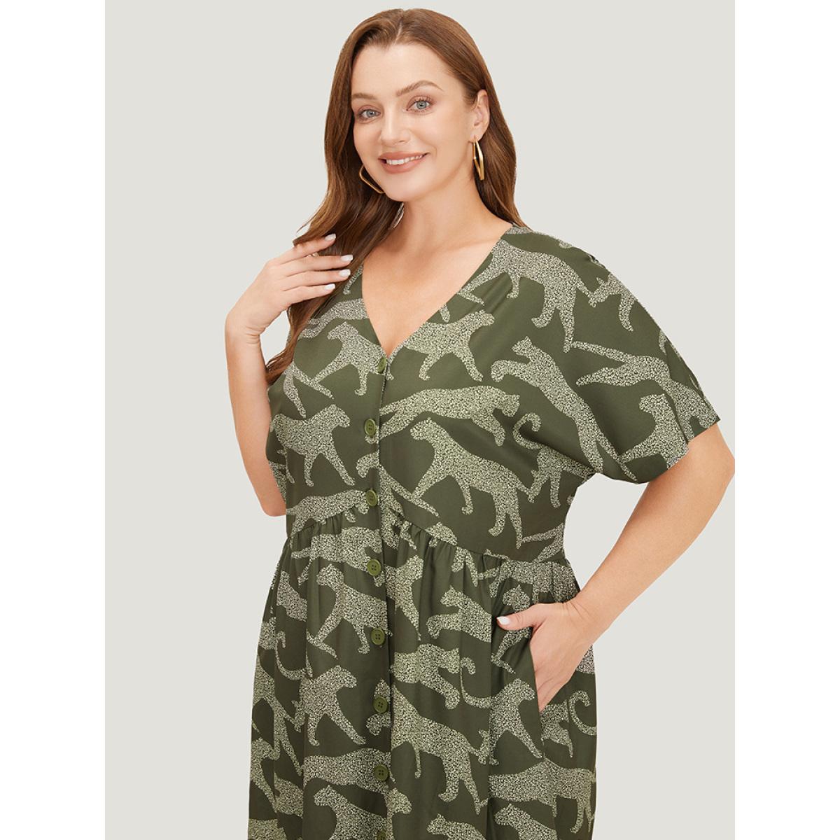 Plus Size Animal Print Batwing Sleeve Flutter Pocket Button Up Dress ArmyGreen Women Vacation Button V-neck Short sleeve Curvy Knee Dress BloomChic 26/4X Product Image