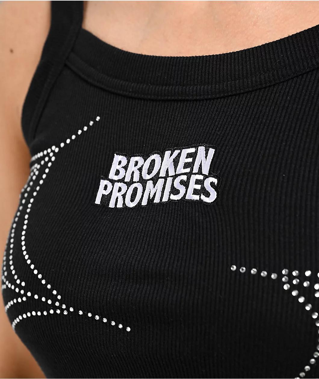 Broken Promises Stoned Web Rhinestone Black Crop Tank Top Product Image