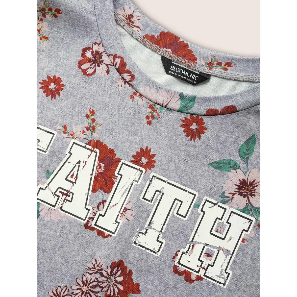 Plus Size Natural Flowers & Letter Print Crew Neck T-shirt Mediumgray Women Casual Contrast Natural Flowers Round Neck Everyday T-shirts BloomChic 14-16/1X Product Image
