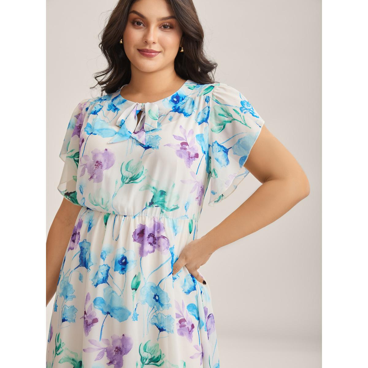 Plus Size Breezy Floral Stretchy Waist Sheer Midi Dress Lavender Women Ribbon-tied collar Cap Sleeve Curvy BloomChic 22-24/3X Product Image
