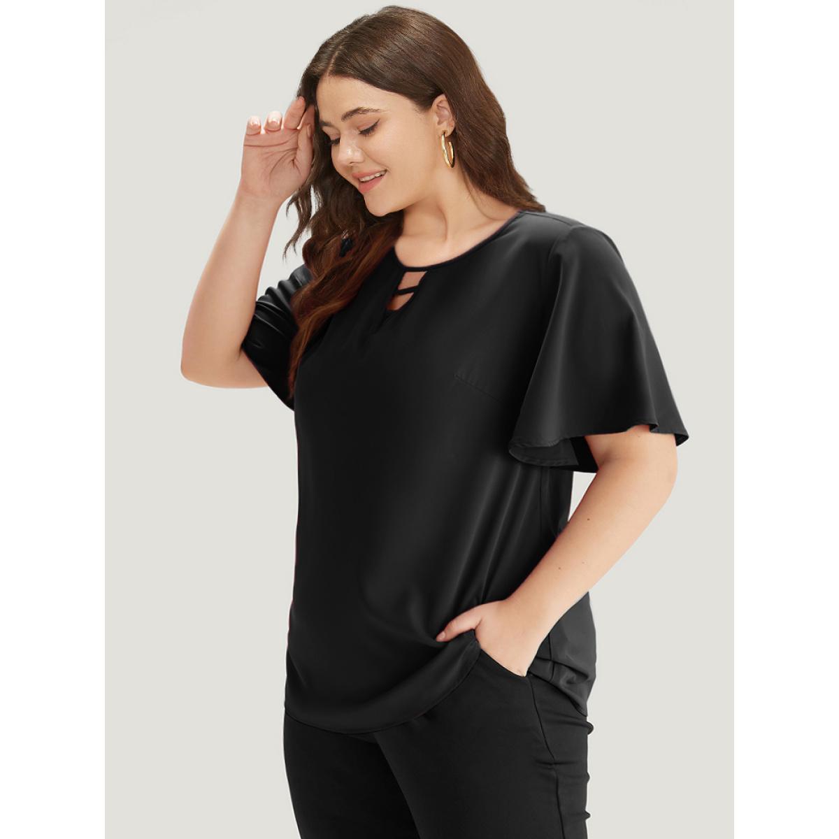 Plus Size Black Plain Ruffle Sleeve Cut Out Blouse Women Office Short sleeve Keyhole Cut-Out Work Blouses BloomChic 30/6X Product Image