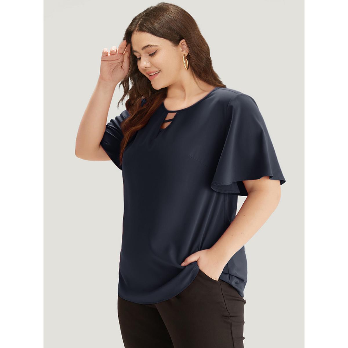 Plus Size Indigo Plain Ruffle Sleeve Cut Out Blouse Women Office Short sleeve Keyhole Cut-Out Office Blouses BloomChic 26/4X Product Image