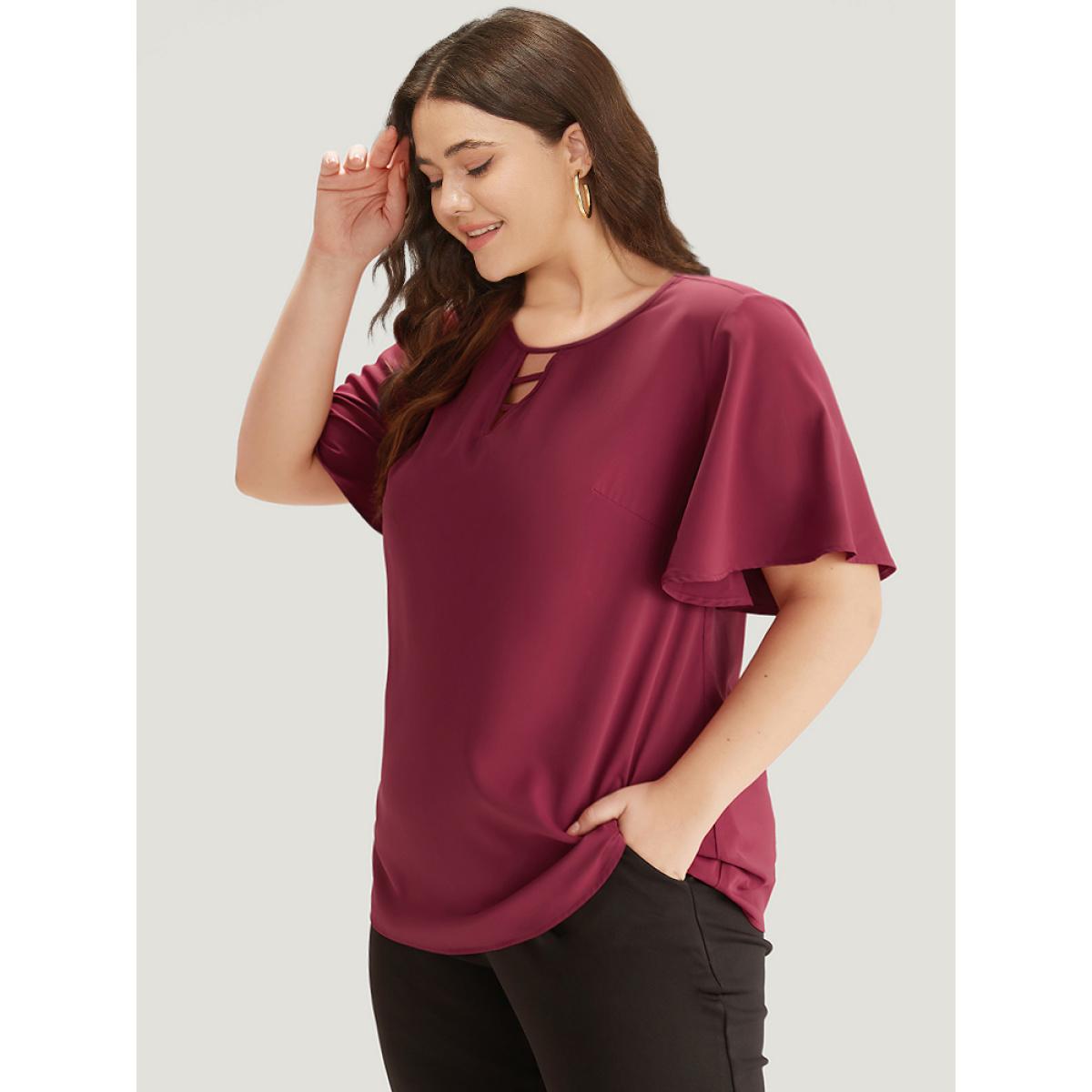 Plus Size Indigo Plain Ruffle Sleeve Cut Out Blouse Women Office Short sleeve Keyhole Cut-Out Office Blouses BloomChic 12/L Product Image