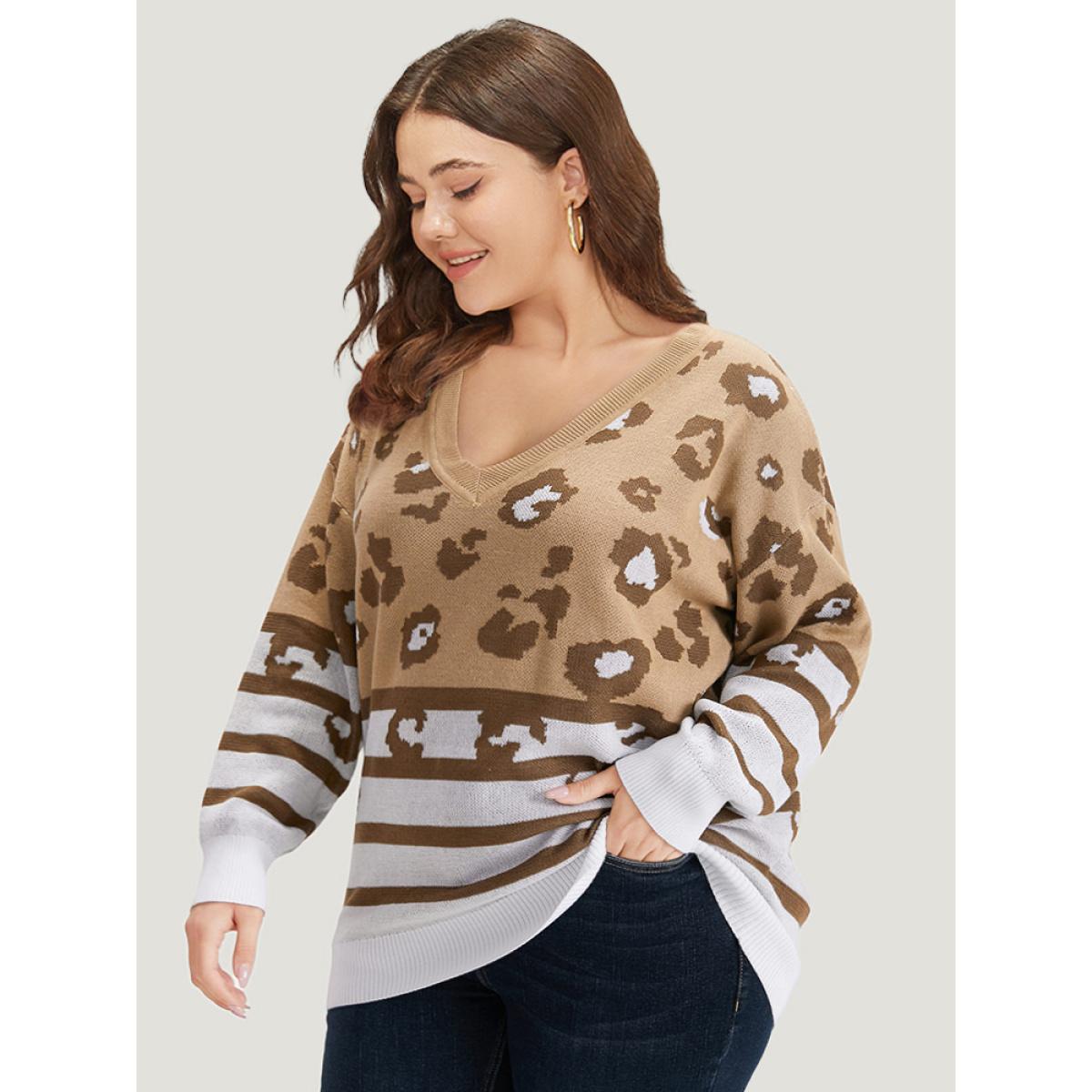 Plus Size Leopard Striped Elastic Cuffs Pullover Leopard Women Casual Loose Long Sleeve V-neck Dailywear Pullovers BloomChic 18-20/2X Product Image