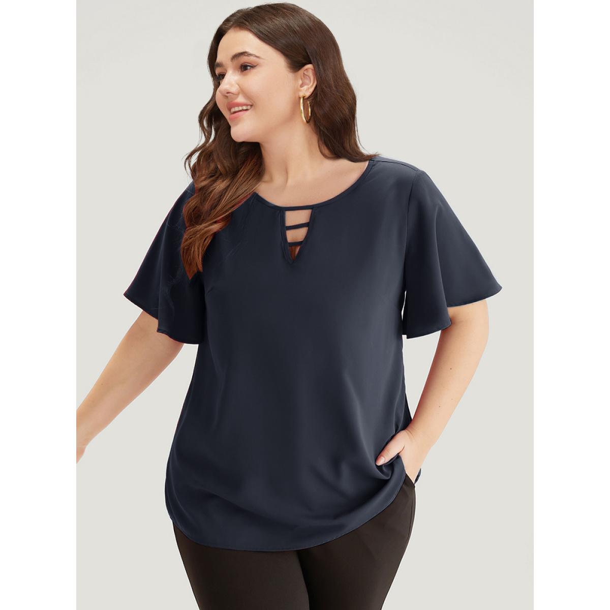 Plus Size Indigo Plain Ruffle Sleeve Cut Out Blouse Women Office Short sleeve Keyhole Cut-Out Office Blouses BloomChic 26/4X Product Image