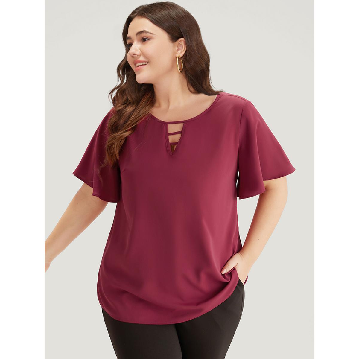 Plus Size Indigo Plain Ruffle Sleeve Cut Out Blouse Women Office Short sleeve Keyhole Cut-Out Office Blouses BloomChic 12/L Product Image