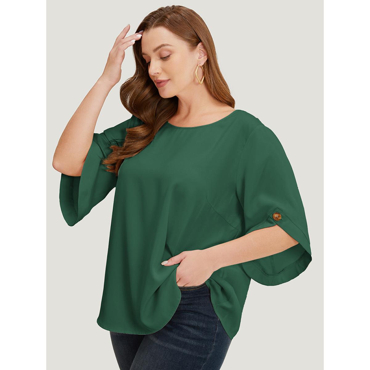 Plus Size ArmyGreen Solid Button Detail Flounce Sleeve Blouse Women Office Elbow-length sleeve Round Neck Dailywear Blouses BloomChic 14-16/1X Product Image