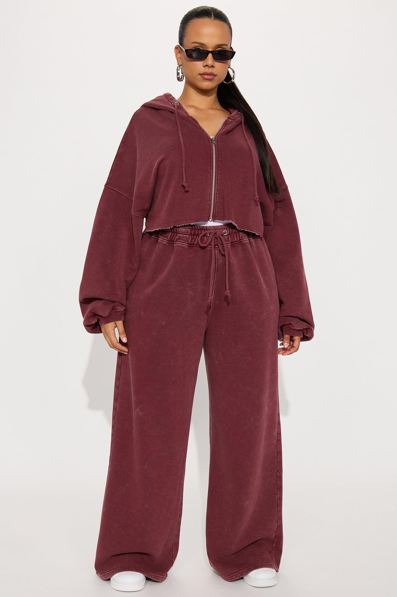 On The Go Fleece Pant Set - Burgundy Female Product Image
