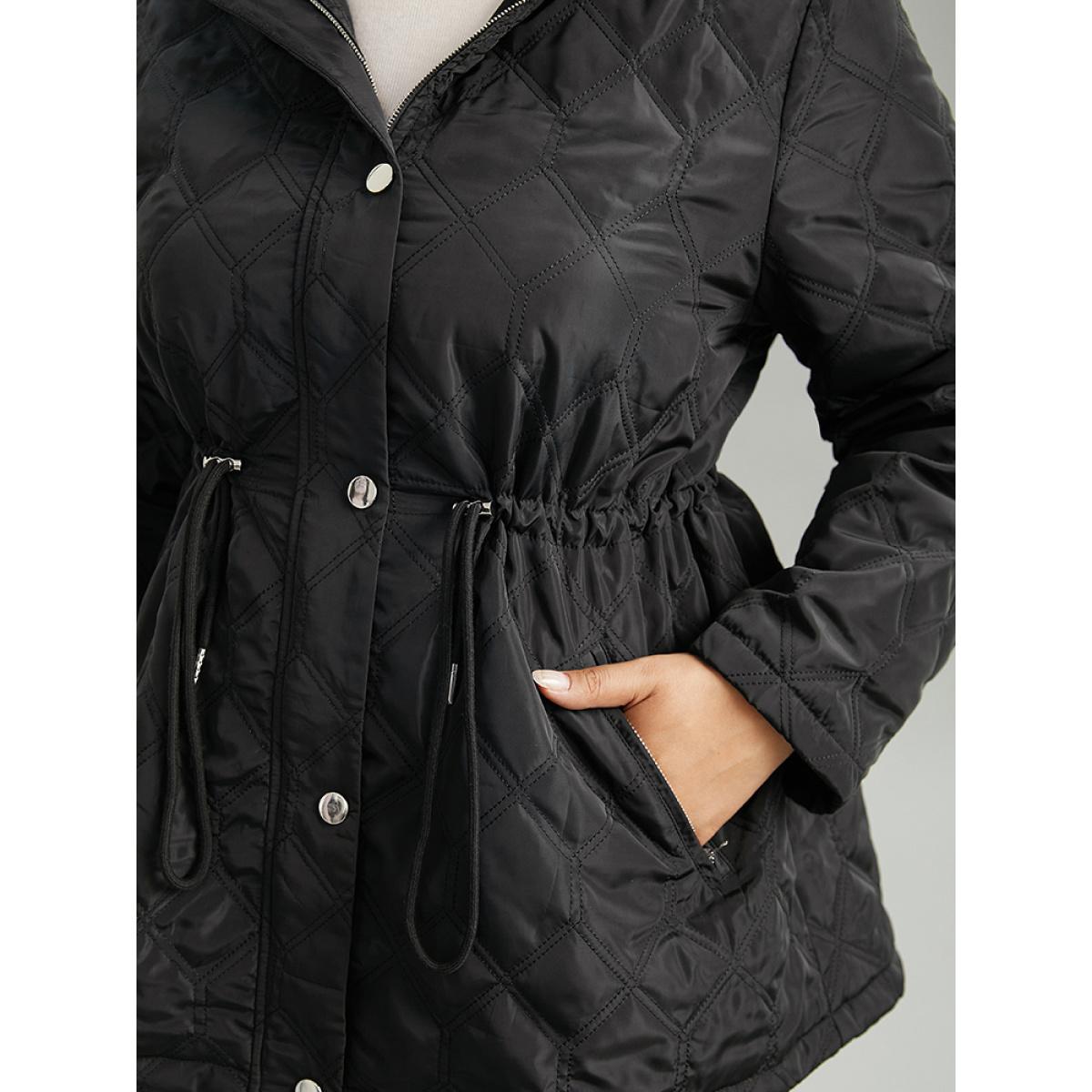 Plus Size Plain Button Up Drawstring Hooded Coat Women Black Casual Plain Ladies Dailywear Winter Coats BloomChic 28/5X Product Image