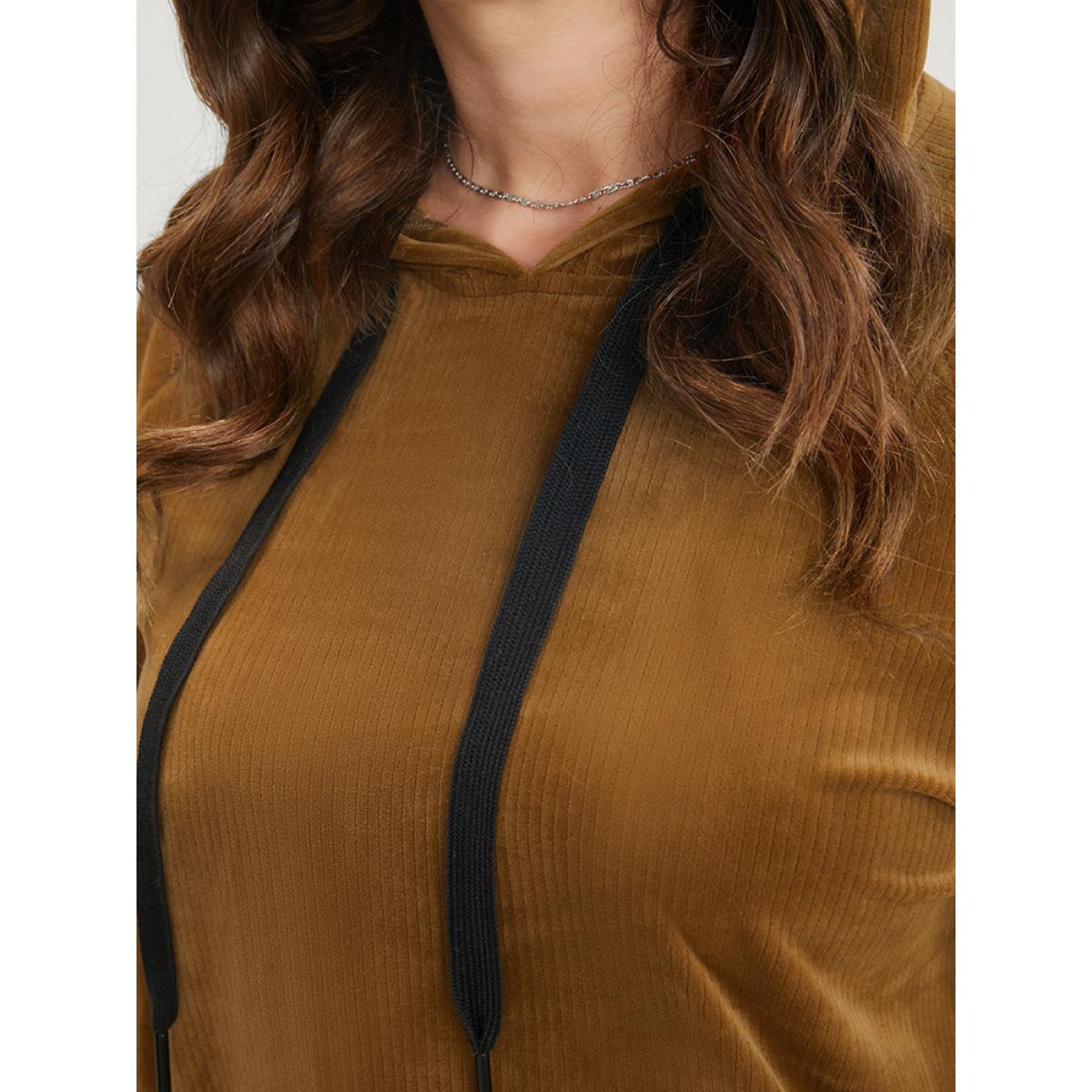 Plus Size Solid Corduroy Drawstring Hooded Sweatshirt Women DarkBrown Casual Drawstring Hooded Dailywear Sweatshirts BloomChic 12/L Product Image